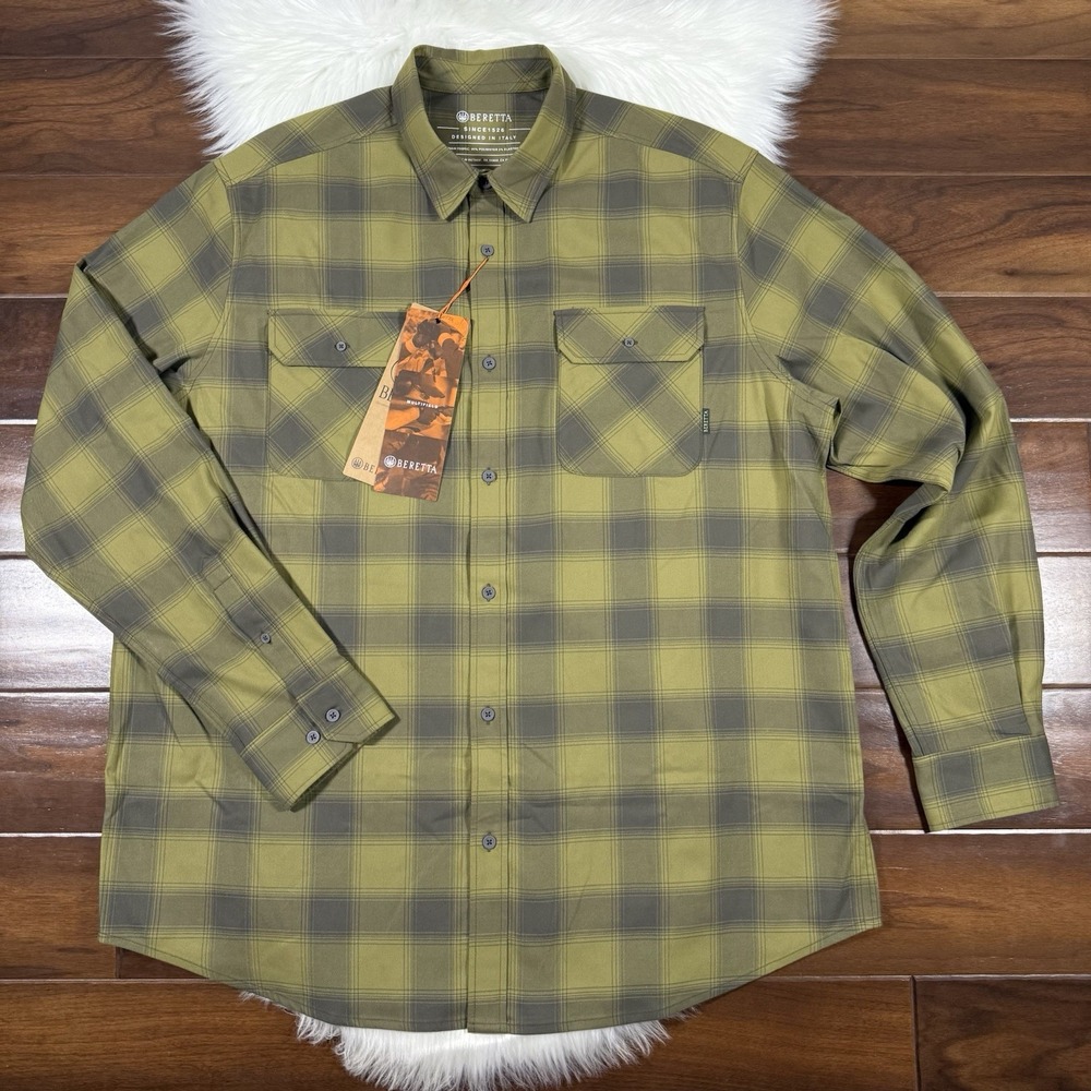 Beretta Men's Size XXL Moss Plaid Cadet Flannel Button Up Shirt Long Sleeve
